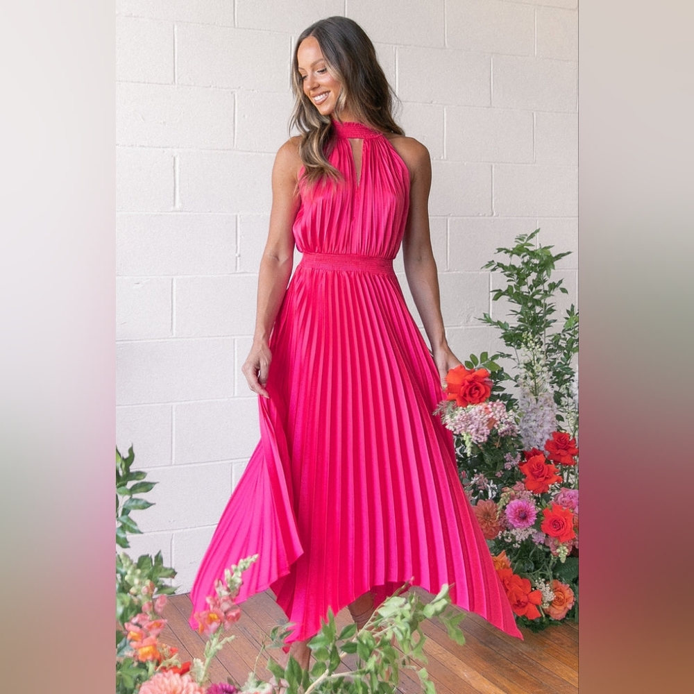 Petal & Pup Hot Pink Sleeveless Halter Neck Dominique Pleated Midi Dress Size 4 - Picture 5 of 6